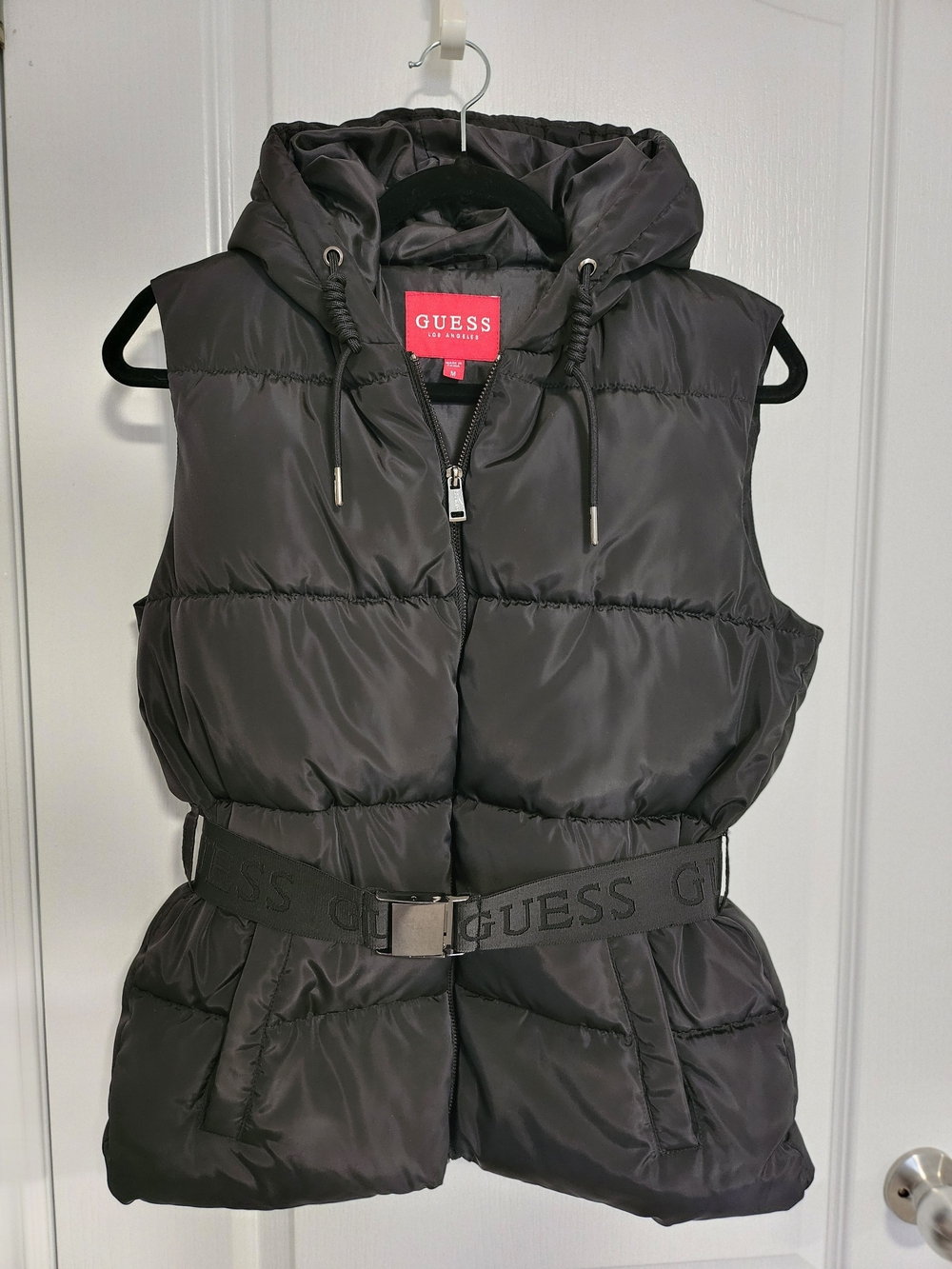 GUESS Black Quilted Hooded Puffer Vest with Branded Belt